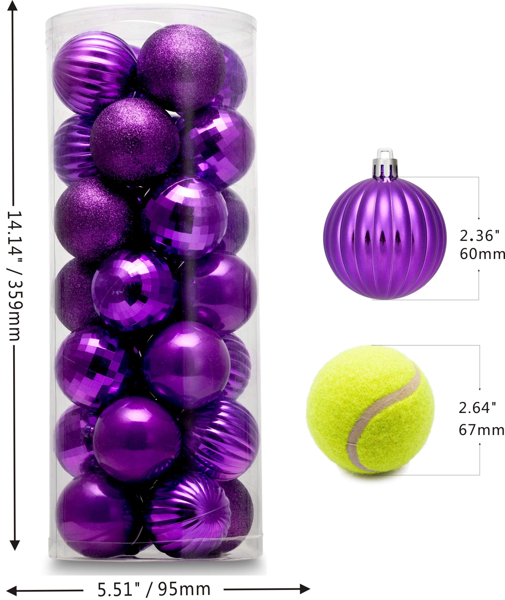 AUXO-FUN 28ct Shatterproof Christmas Ball Ornaments in 4 Classic Finishes for Christmas Tree Decoration (Purple, 2.36 Regular Si